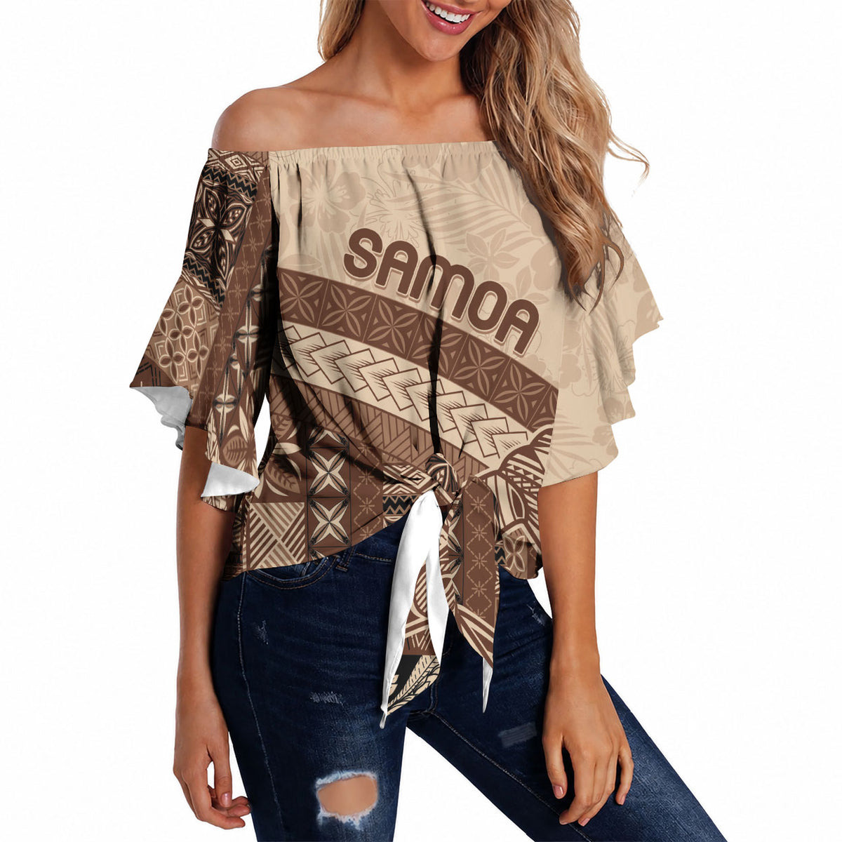 Samoa Mamanu Siapo Mocha Off Shoulder Wrap Waist Top Tatau Malie LT7 - Polynesian Pride