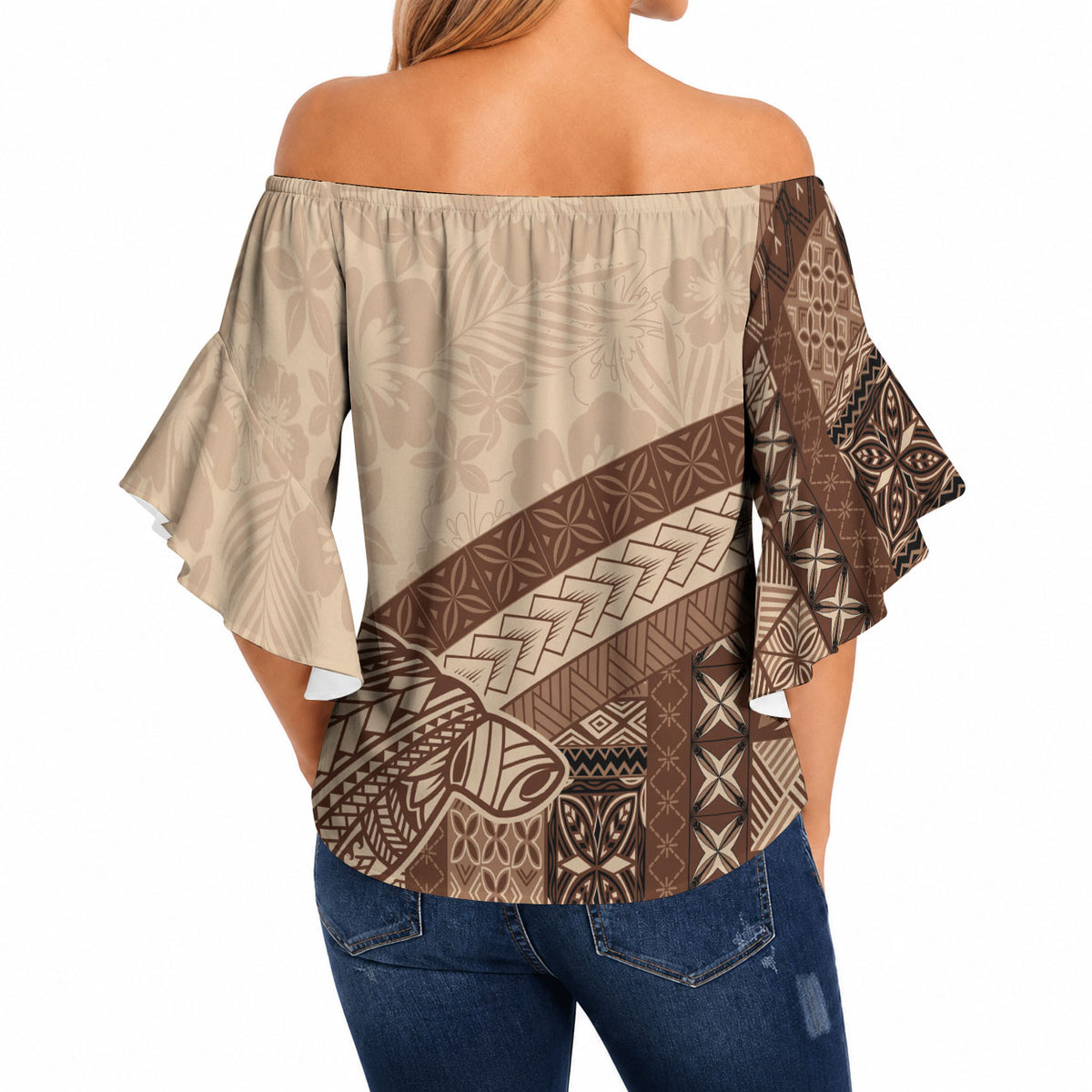 Samoa Mamanu Siapo Mocha Off Shoulder Wrap Waist Top Tatau Malie LT7 - Polynesian Pride