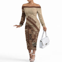 Samoa Mamanu Siapo Mocha Off The Shoulder Long Sleeve Dress Tatau Malie LT7 Women Beige - Polynesian Pride