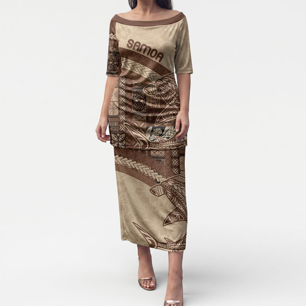 Samoa Mamanu Siapo Mocha Puletasi Tatau Malie LT7 Long Dress Beige - Polynesian Pride