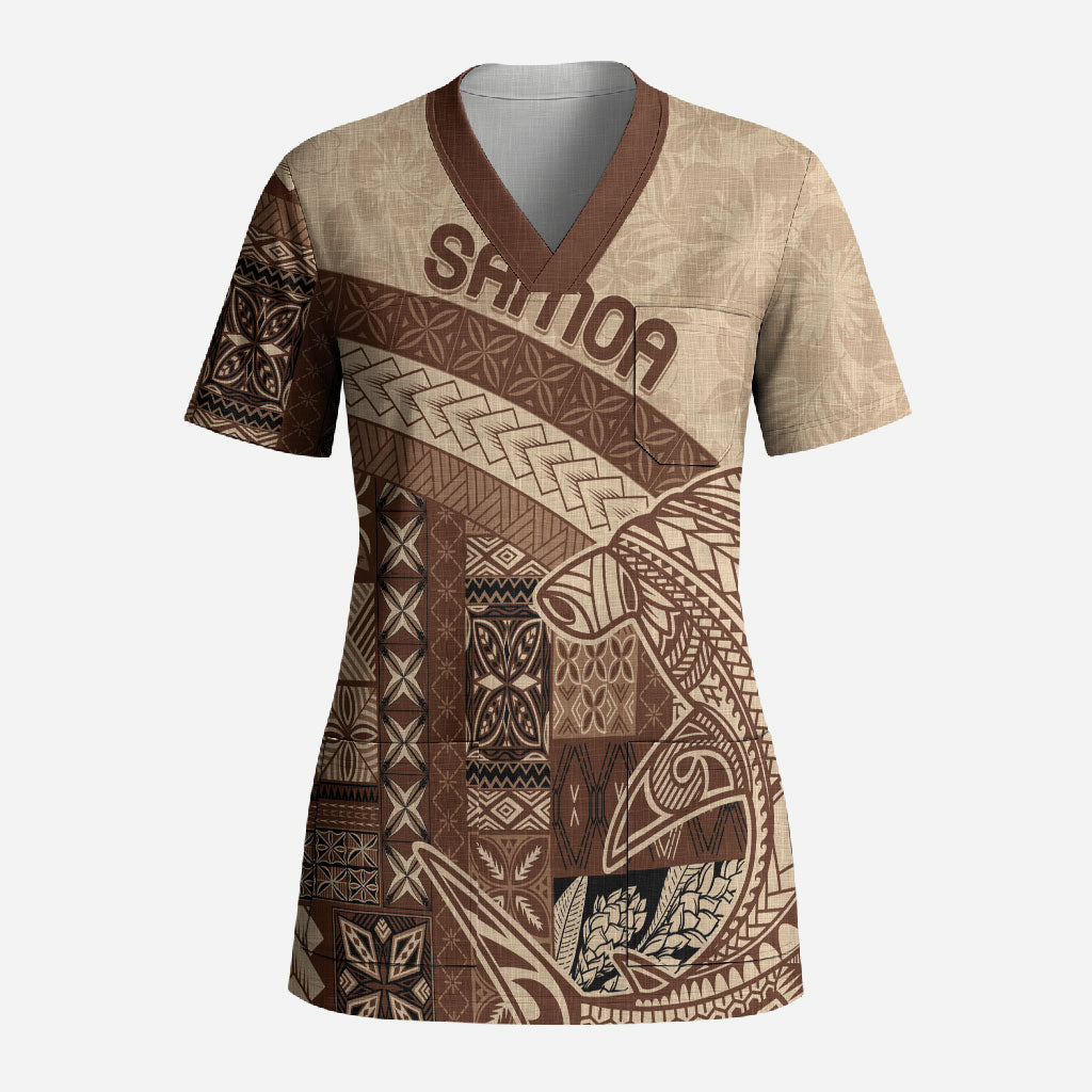 Samoa Mamanu Siapo Mocha Scrub Top Tatau Malie LT7 Adult Beige - Polynesian Pride
