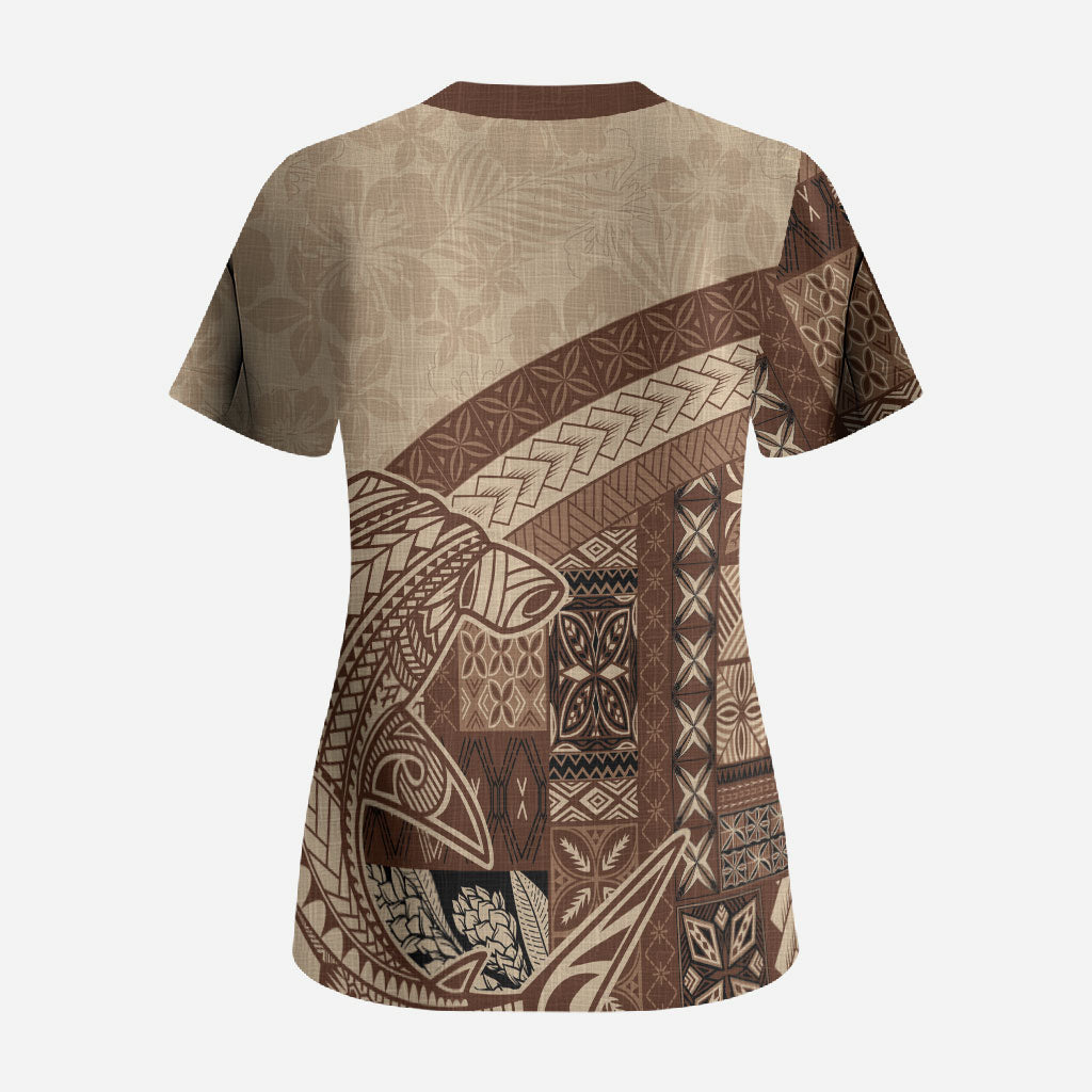 Samoa Mamanu Siapo Mocha Scrub Top Tatau Malie LT7 - Polynesian Pride