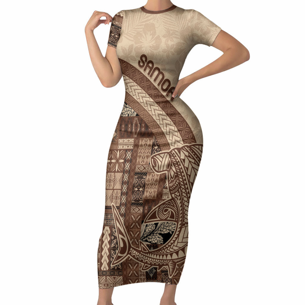 Samoa Mamanu Siapo Mocha Short Sleeve Bodycon Dress Tatau Malie LT7 Long Dress Beige - Polynesian Pride
