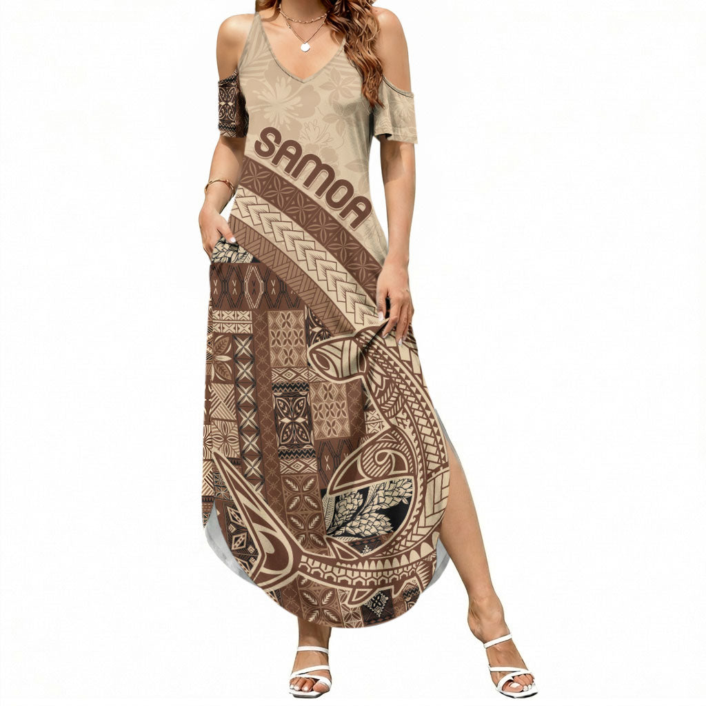 Samoa Mamanu Siapo Mocha Summer Maxi Dress Tatau Malie LT7 Women Beige - Polynesian Pride
