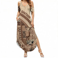 Samoa Mamanu Siapo Mocha Summer Maxi Dress Tatau Malie LT7 Women Beige - Polynesian Pride