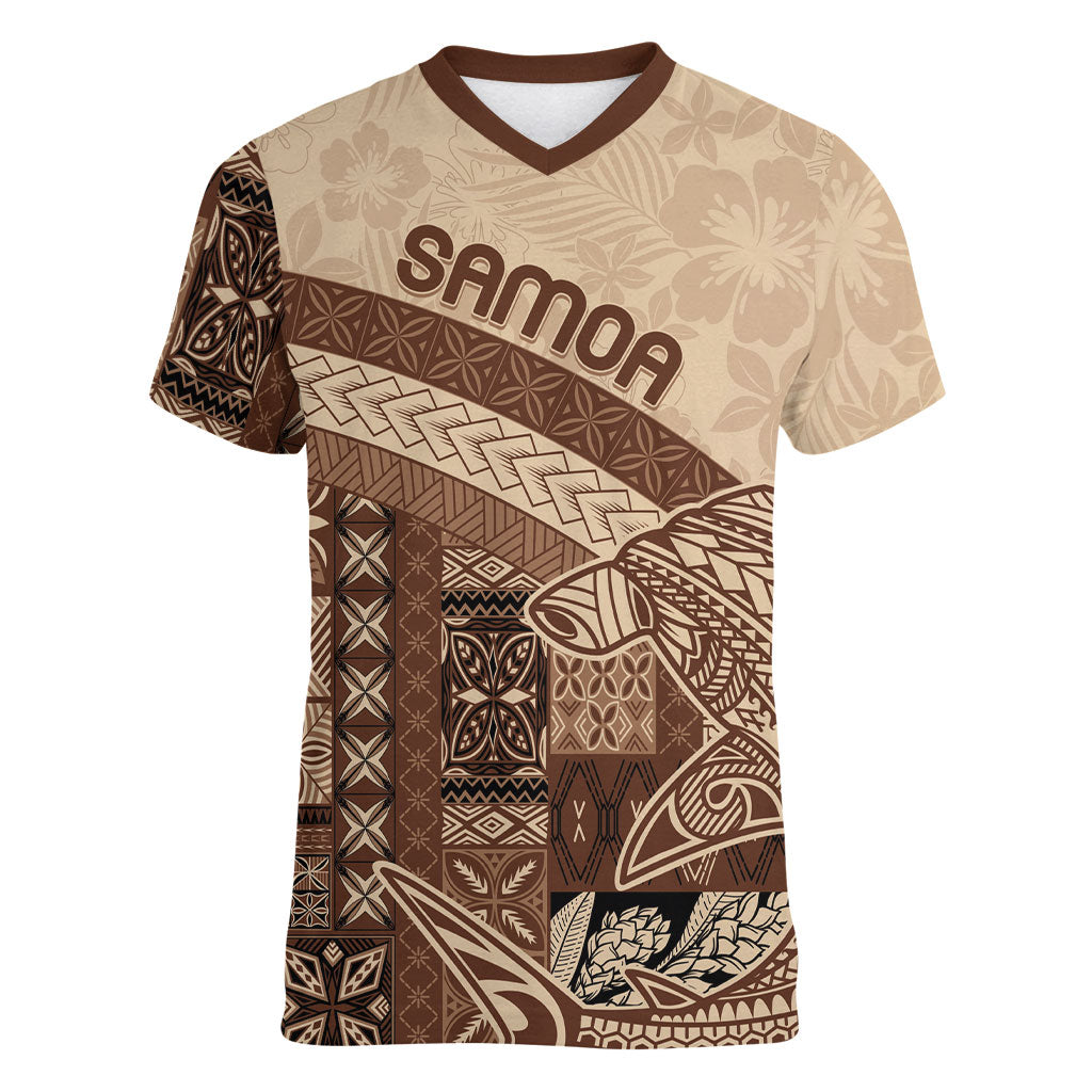Samoa Mamanu Siapo Mocha Women V-Neck T-Shirt Tatau Malie LT7 Female Beige - Polynesian Pride