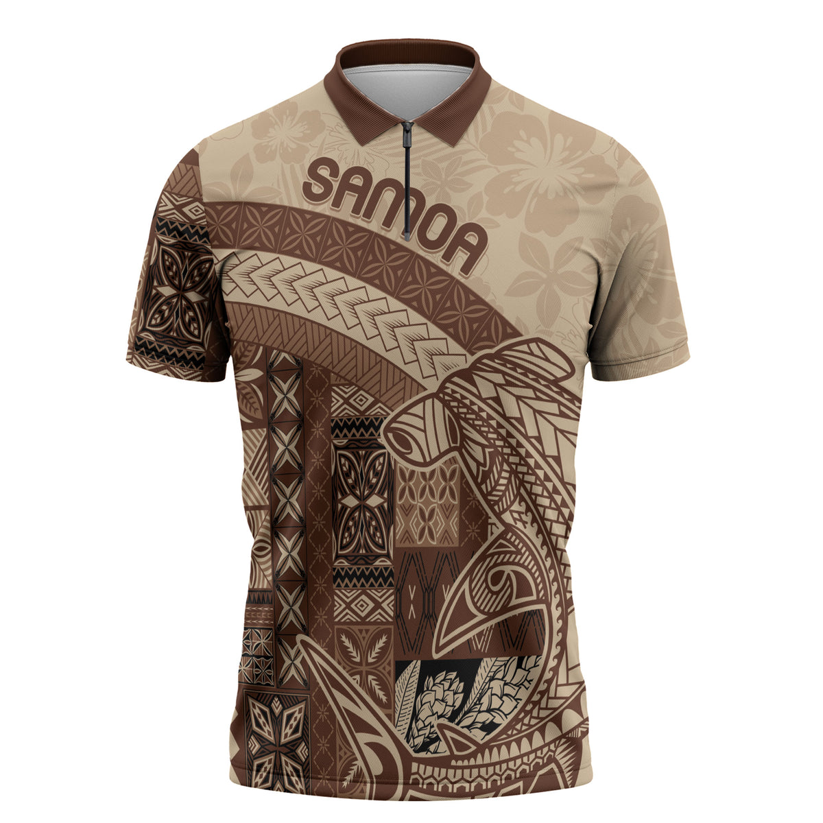 Samoa Mamanu Siapo Mocha Zipper Polo Shirt Tatau Malie LT7 Beige - Polynesian Pride