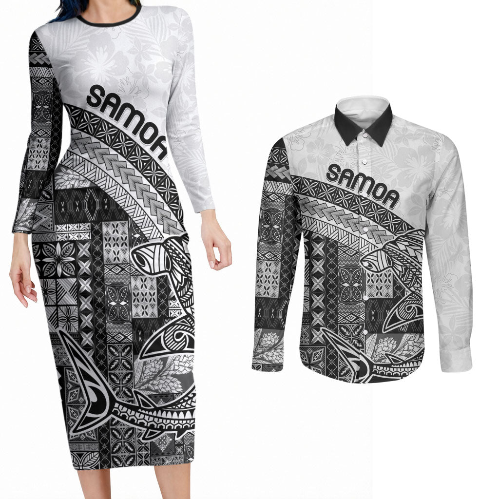 Samoa Mamanu Siapo Classic Black Couples Matching Long Sleeve Bodycon Dress and Long Sleeve Button Shirt Tatau Malie LT7 Black - Polynesian Pride