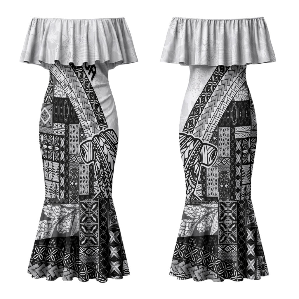 Samoa Mamanu Siapo Classic Black Couples Matching Mermaid Dress and Long Sleeve Button Shirt Tatau Malie LT7 - Polynesian Pride