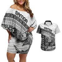 Samoa Mamanu Siapo Classic Black Couples Matching Off Shoulder Short Dress and Hawaiian Shirt Tatau Malie LT7 Black - Polynesian Pride