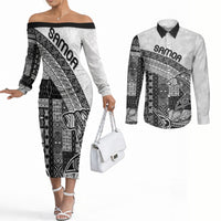 Samoa Mamanu Siapo Classic Black Couples Matching Off The Shoulder Long Sleeve Dress and Long Sleeve Button Shirt Tatau Malie LT7 Black - Polynesian Pride