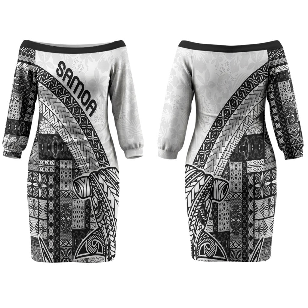 Samoa Mamanu Siapo Classic Black Couples Matching Off The Shoulder Long Sleeve Dress and Long Sleeve Button Shirt Tatau Malie LT7 - Polynesian Pride