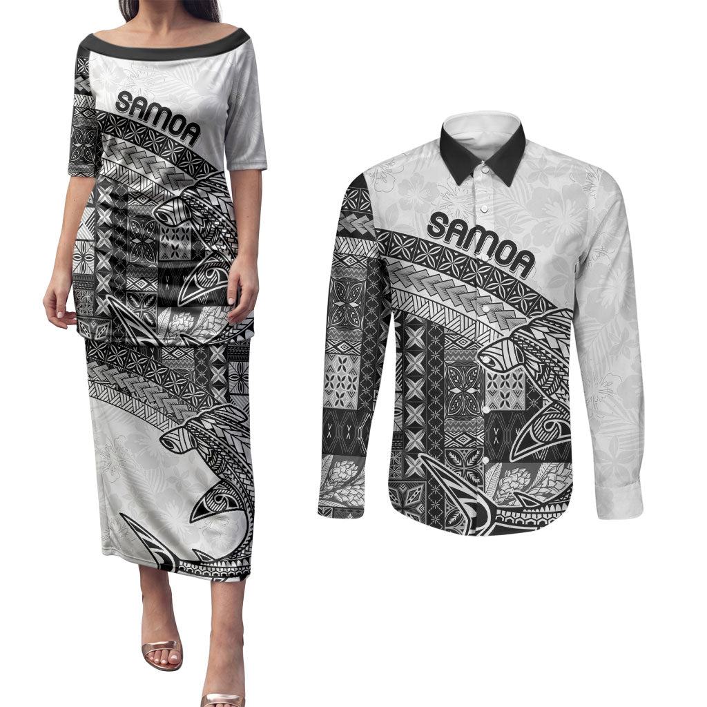 Samoa Mamanu Siapo Classic Black Couples Matching Puletasi and Long Sleeve Button Shirt Tatau Malie LT7 Black - Polynesian Pride