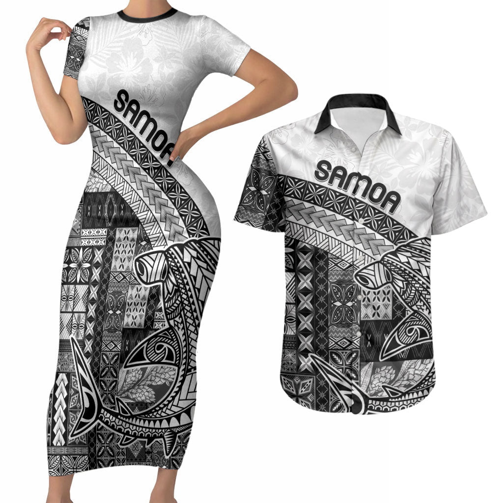Samoa Mamanu Siapo Classic Black Couples Matching Short Sleeve Bodycon Dress and Hawaiian Shirt Tatau Malie LT7 Black - Polynesian Pride