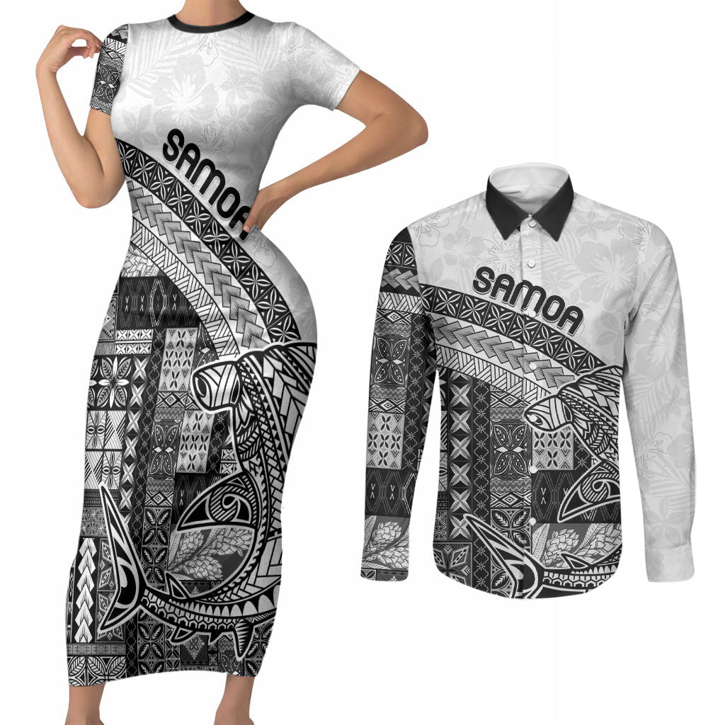 Samoa Mamanu Siapo Classic Black Couples Matching Short Sleeve Bodycon Dress and Long Sleeve Button Shirt Tatau Malie LT7 Black - Polynesian Pride