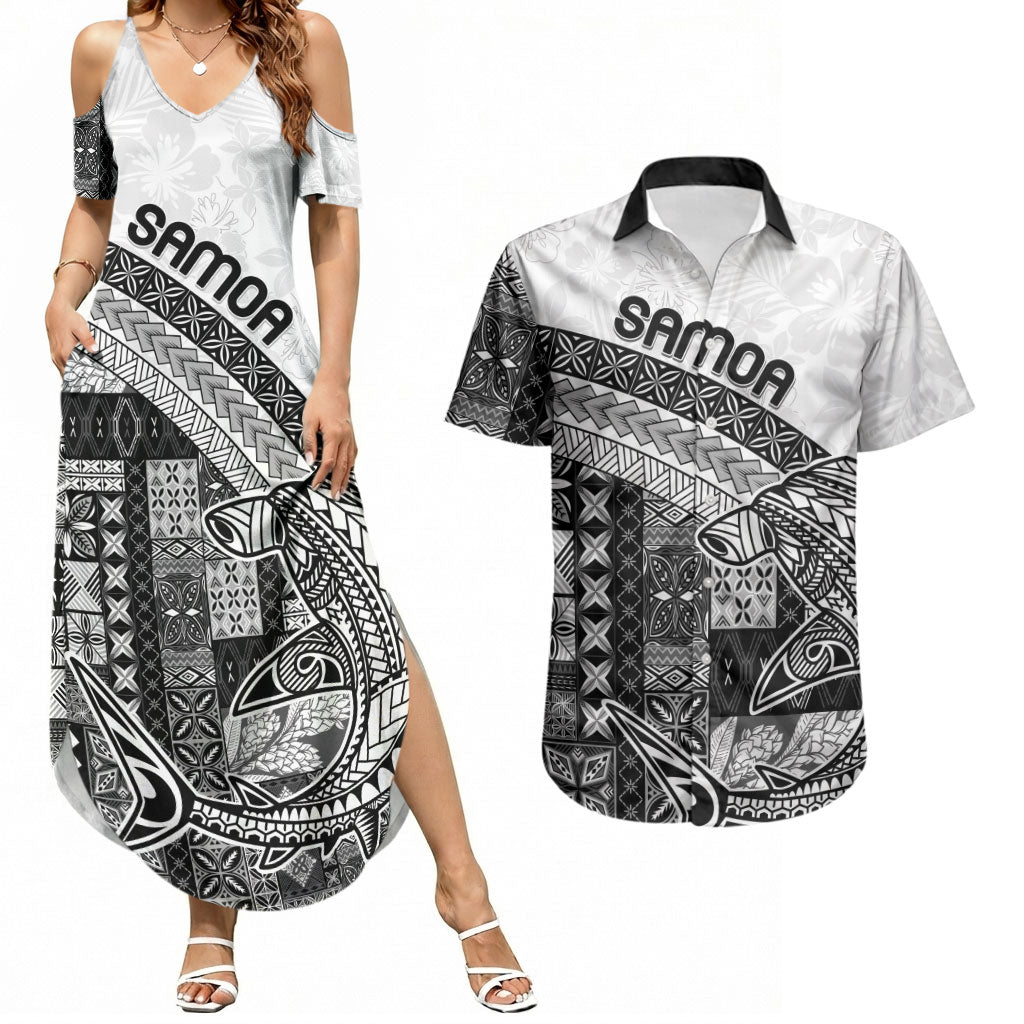 Samoa Mamanu Siapo Classic Black Couples Matching Summer Maxi Dress and Hawaiian Shirt Tatau Malie LT7 Black - Polynesian Pride