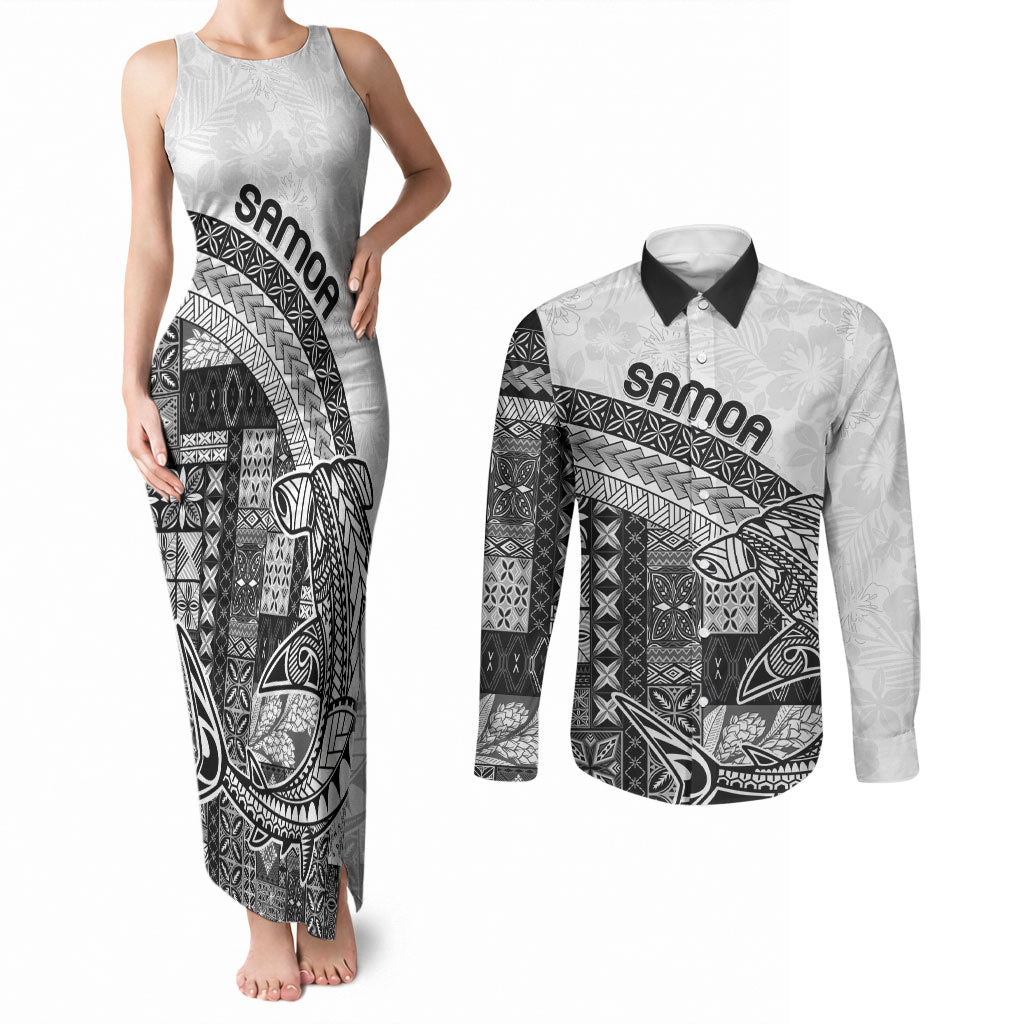 Samoa Mamanu Siapo Classic Black Couples Matching Tank Maxi Dress and Long Sleeve Button Shirt Tatau Malie LT7 Black - Polynesian Pride
