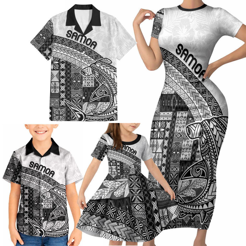 Samoa Mamanu Siapo Classic Black Family Matching Short Sleeve Bodycon Dress and Hawaiian Shirt Tatau Malie LT7 - Polynesian Pride