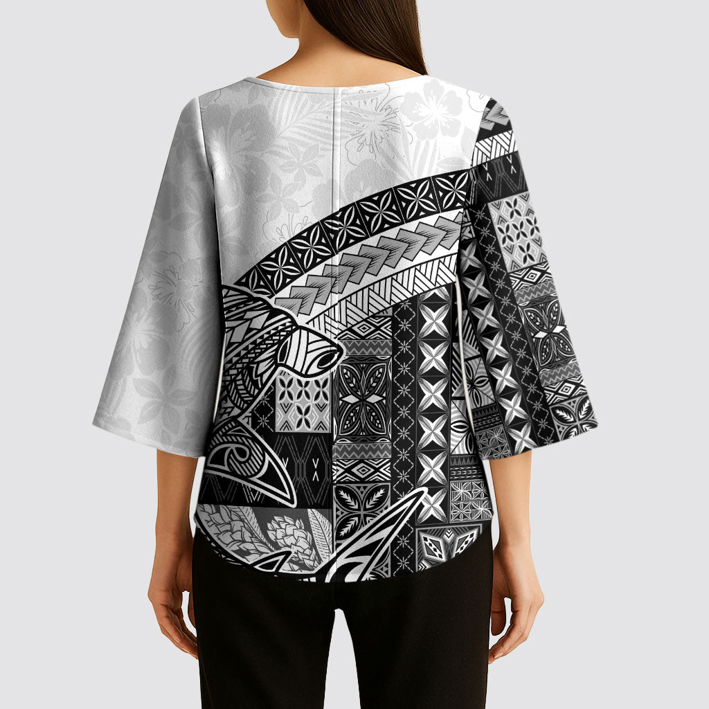 Samoa Mamanu Siapo Classic Black Kimono Sleeve Blouse Tatau Malie LT7 - Polynesian Pride
