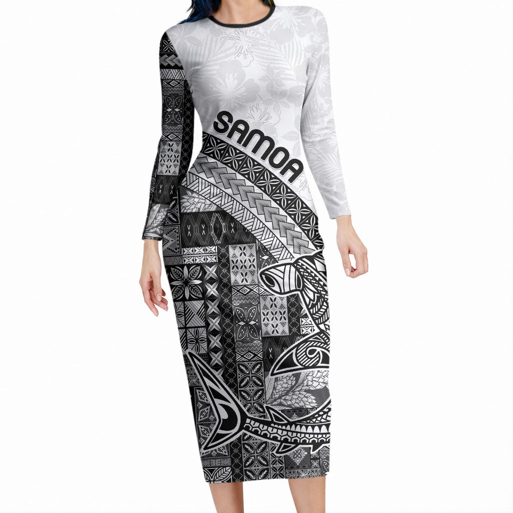 Samoa Mamanu Siapo Classic Black Long Sleeve Bodycon Dress Tatau Malie LT7 Long Dress Black - Polynesian Pride