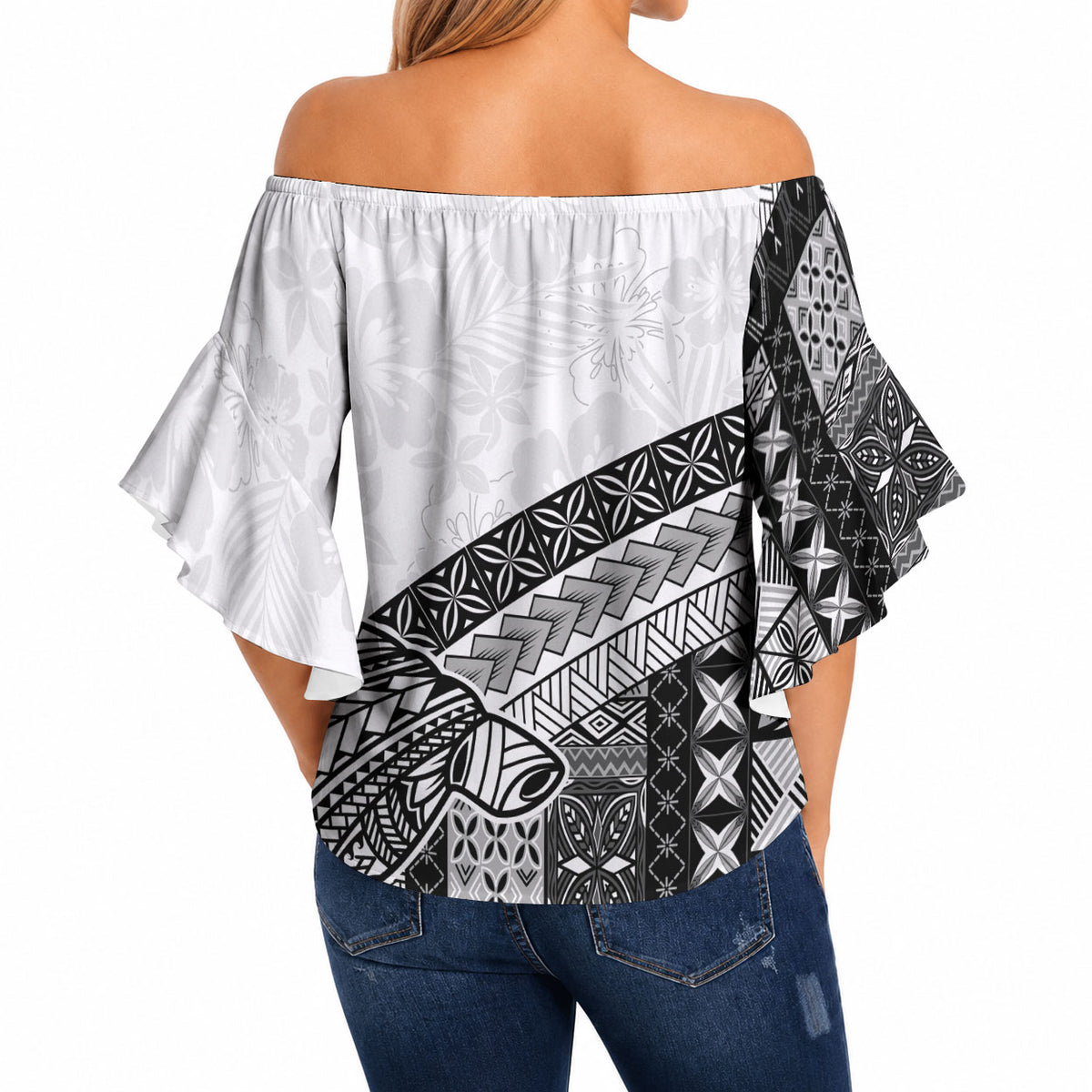Samoa Mamanu Siapo Classic Black Off Shoulder Wrap Waist Top Tatau Malie LT7 - Polynesian Pride