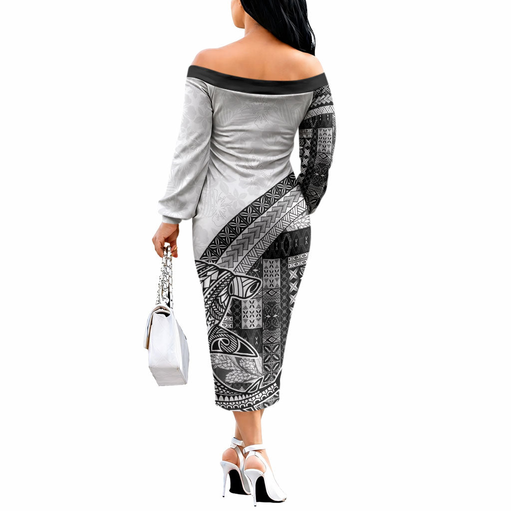 Samoa Mamanu Siapo Classic Black Off The Shoulder Long Sleeve Dress Tatau Malie LT7 - Polynesian Pride