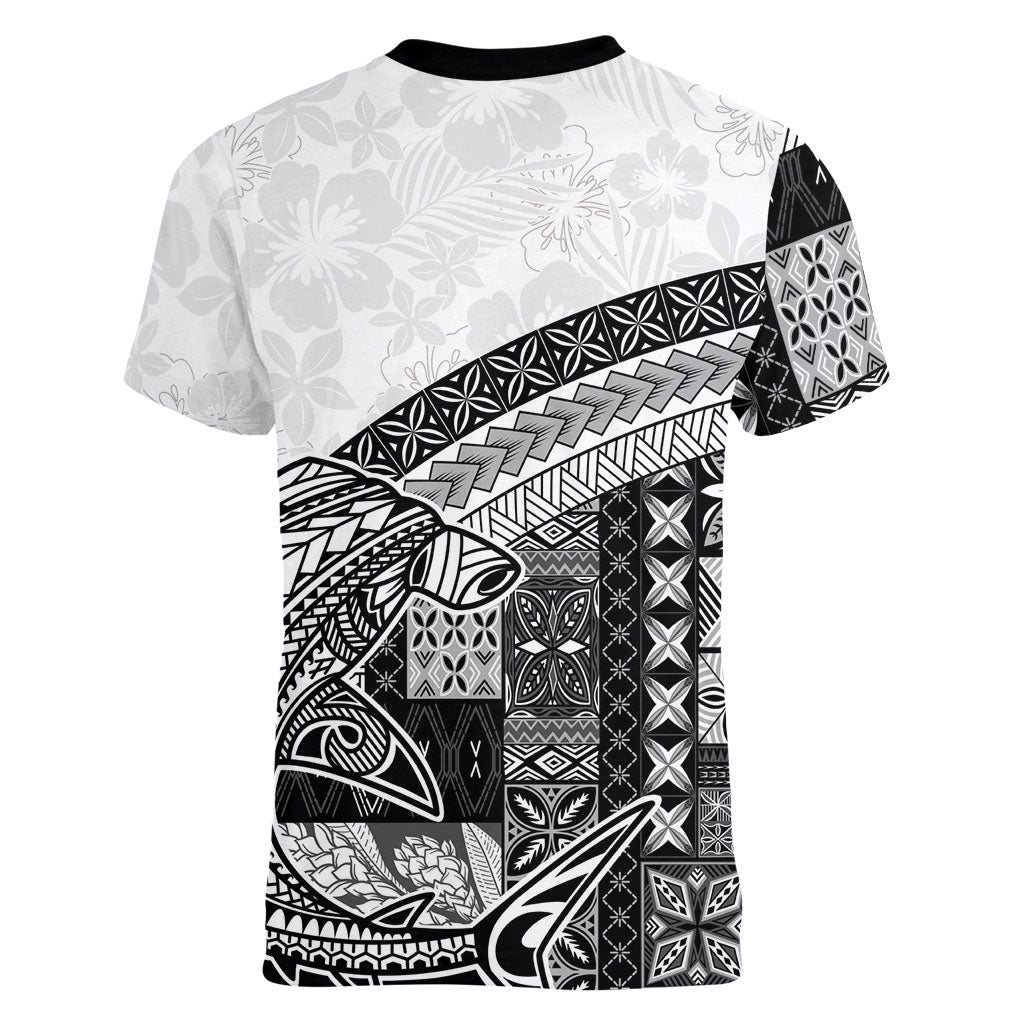 Samoa Mamanu Siapo Classic Black Women V-Neck T-Shirt Tatau Malie LT7 - Polynesian Pride