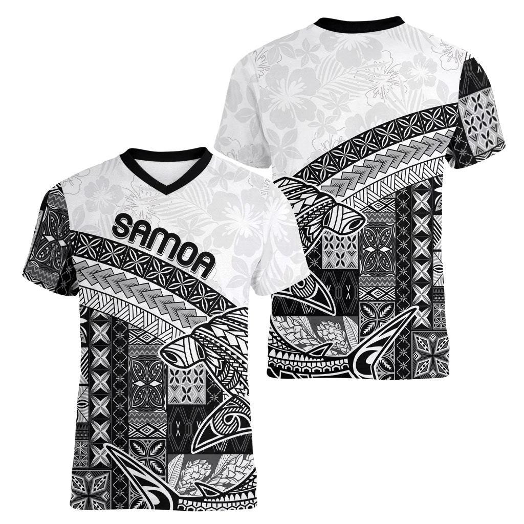 Samoa Mamanu Siapo Classic Black Women V-Neck T-Shirt Tatau Malie LT7 - Polynesian Pride