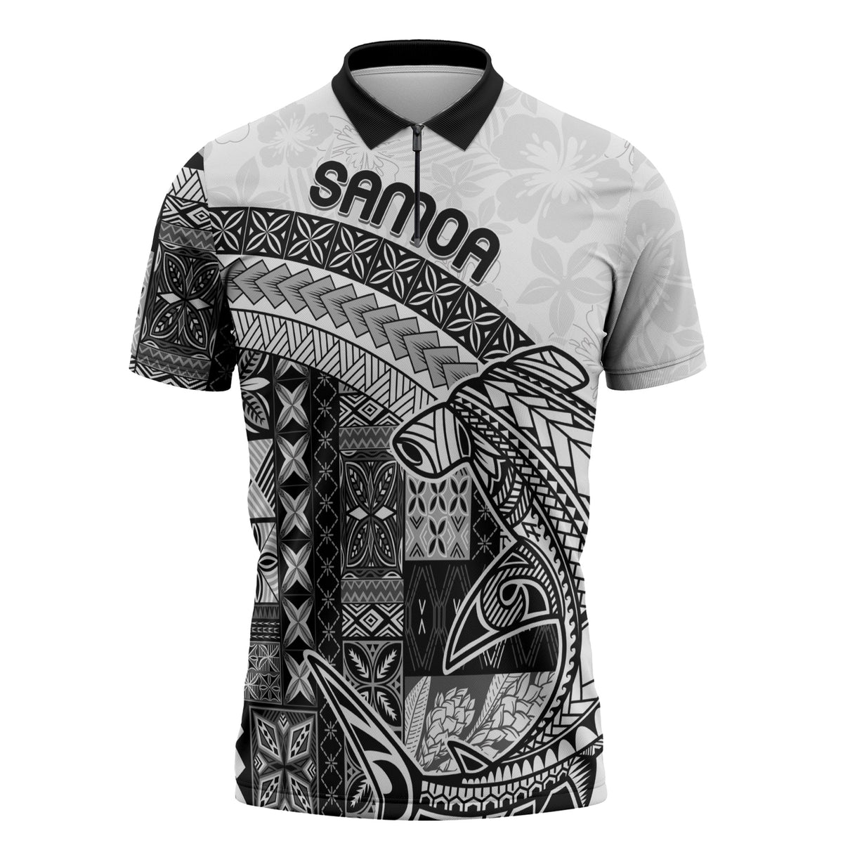 Samoa Mamanu Siapo Classic Black Zipper Polo Shirt Tatau Malie LT7 Black - Polynesian Pride