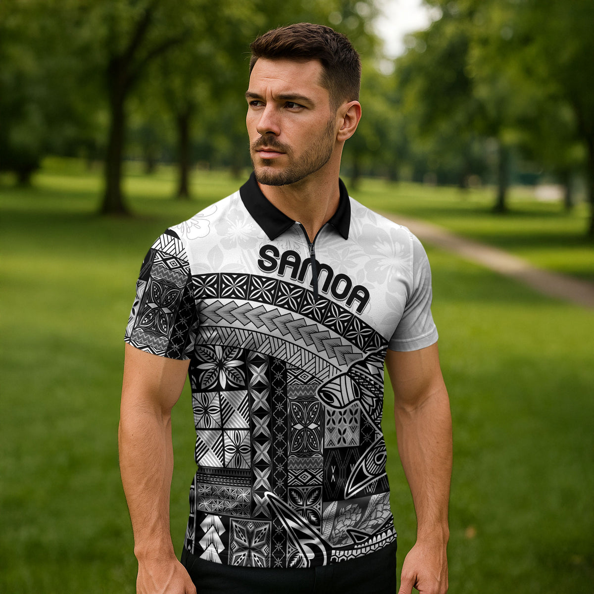 Samoa Mamanu Siapo Classic Black Zipper Polo Shirt Tatau Malie LT7 - Polynesian Pride