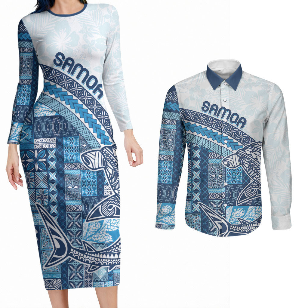 Samoa Mamanu Siapo Royal Blue Couples Matching Long Sleeve Bodycon Dress and Long Sleeve Button Shirt Tatau Malie LT7 Royal Blue - Polynesian Pride
