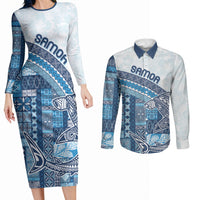 Samoa Mamanu Siapo Royal Blue Couples Matching Long Sleeve Bodycon Dress and Long Sleeve Button Shirt Tatau Malie LT7 Royal Blue - Polynesian Pride