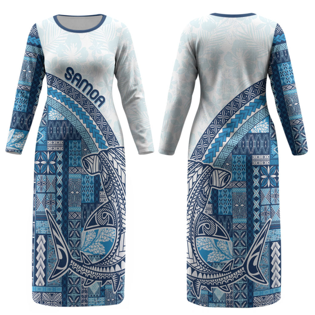 Samoa Mamanu Siapo Royal Blue Couples Matching Long Sleeve Bodycon Dress and Long Sleeve Button Shirt Tatau Malie LT7 - Polynesian Pride