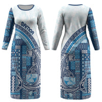 Samoa Mamanu Siapo Royal Blue Couples Matching Long Sleeve Bodycon Dress and Long Sleeve Button Shirt Tatau Malie LT7 - Polynesian Pride