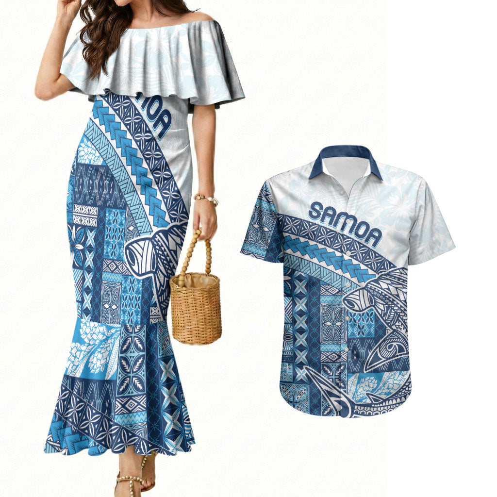 Samoa Mamanu Siapo Royal Blue Couples Matching Mermaid Dress and Hawaiian Shirt Tatau Malie LT7 Royal Blue - Polynesian Pride