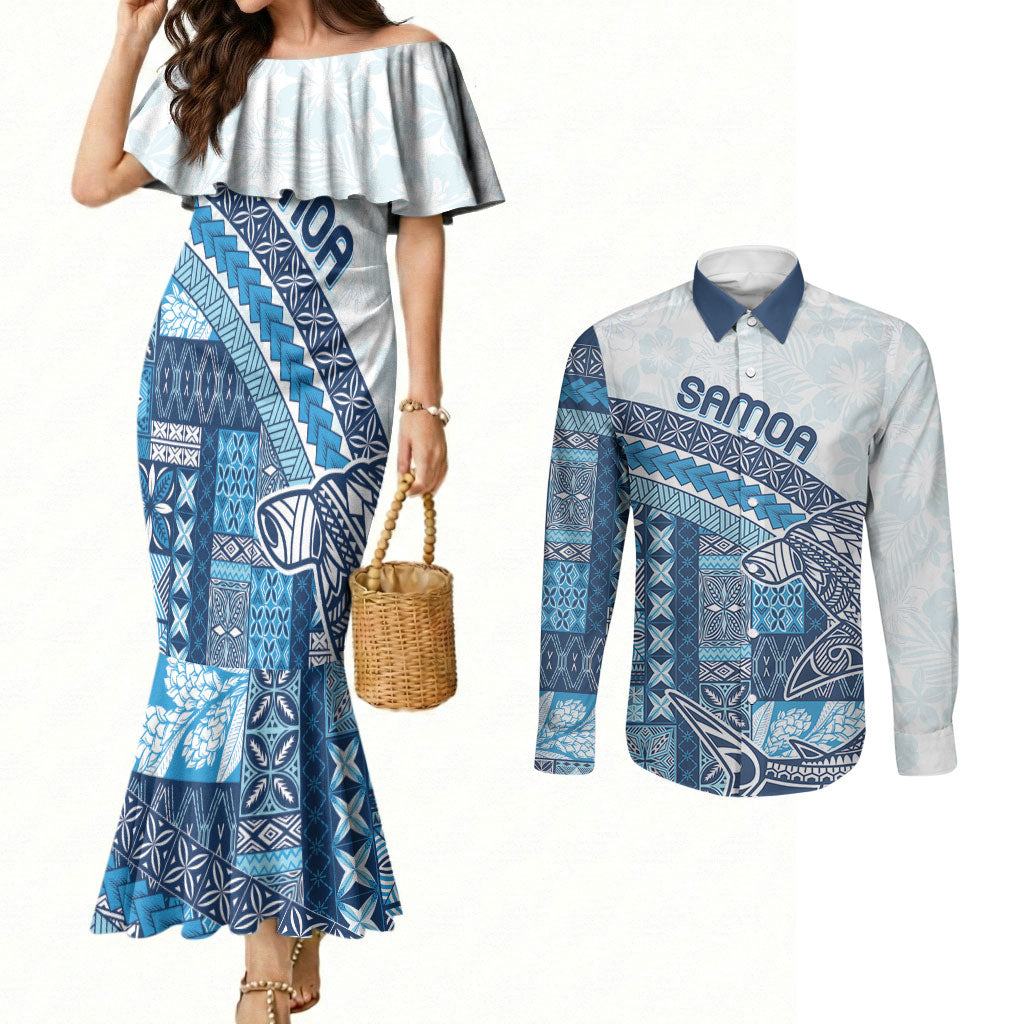 Samoa Mamanu Siapo Royal Blue Couples Matching Mermaid Dress and Long Sleeve Button Shirt Tatau Malie LT7 Royal Blue - Polynesian Pride