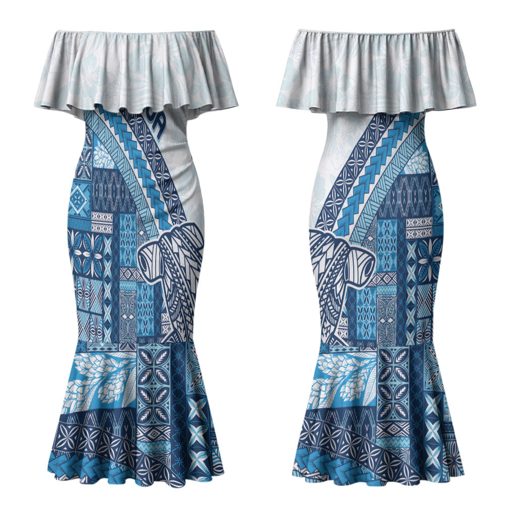 Samoa Mamanu Siapo Royal Blue Couples Matching Mermaid Dress and Long Sleeve Button Shirt Tatau Malie LT7 - Polynesian Pride