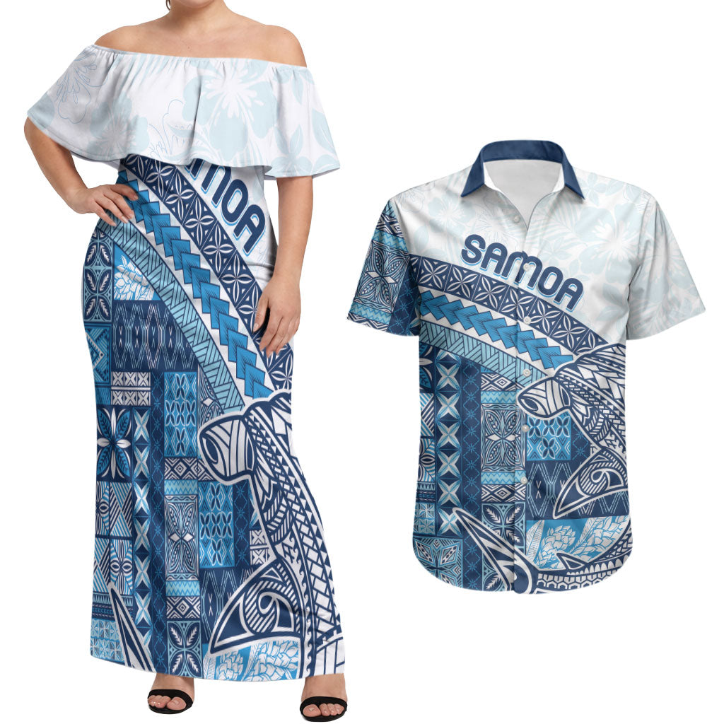 Samoa Mamanu Siapo Royal Blue Couples Matching Off Shoulder Maxi Dress and Hawaiian Shirt Tatau Malie LT7 Royal Blue - Polynesian Pride