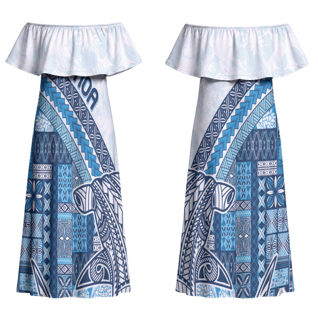 Samoa Mamanu Siapo Royal Blue Couples Matching Off Shoulder Maxi Dress and Hawaiian Shirt Tatau Malie LT7 - Polynesian Pride