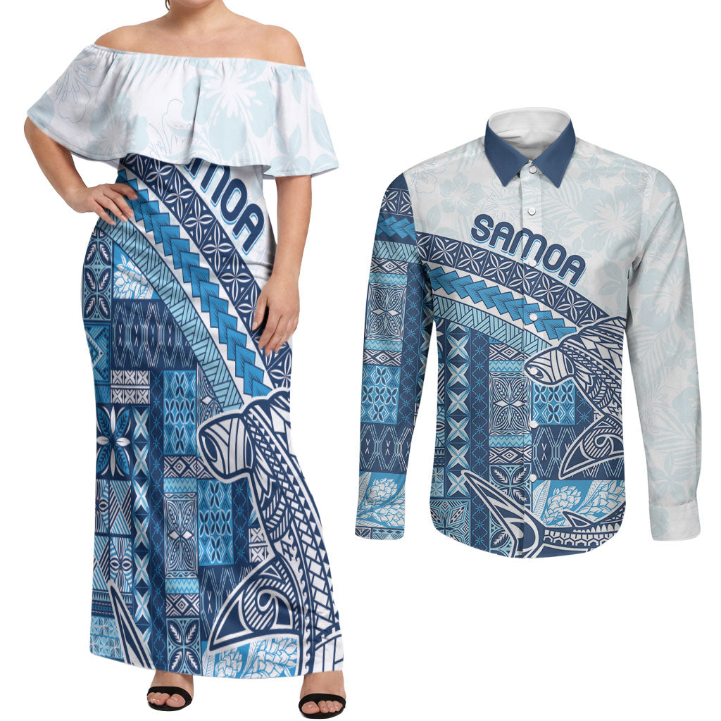 Samoa Mamanu Siapo Royal Blue Couples Matching Off Shoulder Maxi Dress and Long Sleeve Button Shirt Tatau Malie LT7 Royal Blue - Polynesian Pride