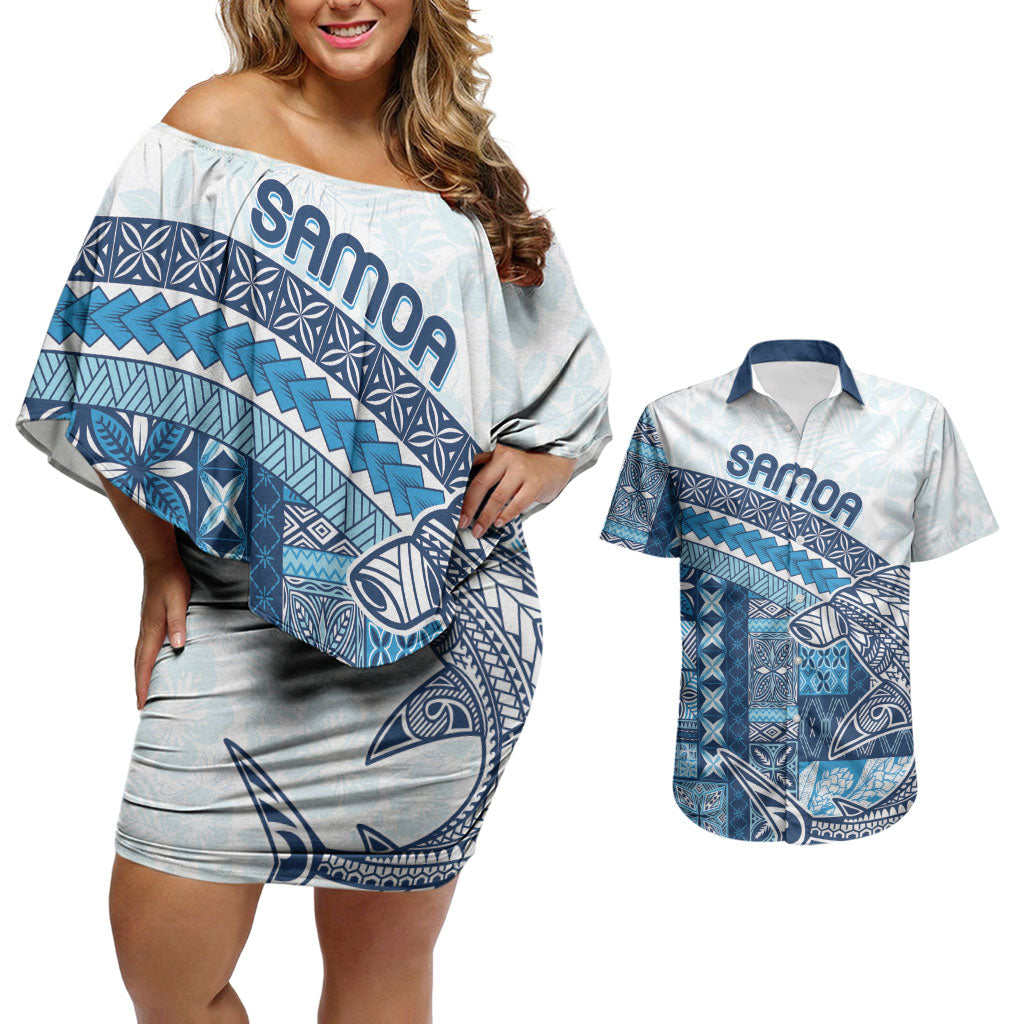 Samoa Mamanu Siapo Royal Blue Couples Matching Off Shoulder Short Dress and Hawaiian Shirt Tatau Malie LT7 Royal Blue - Polynesian Pride