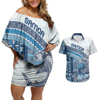 Samoa Mamanu Siapo Royal Blue Couples Matching Off Shoulder Short Dress and Hawaiian Shirt Tatau Malie LT7 Royal Blue - Polynesian Pride