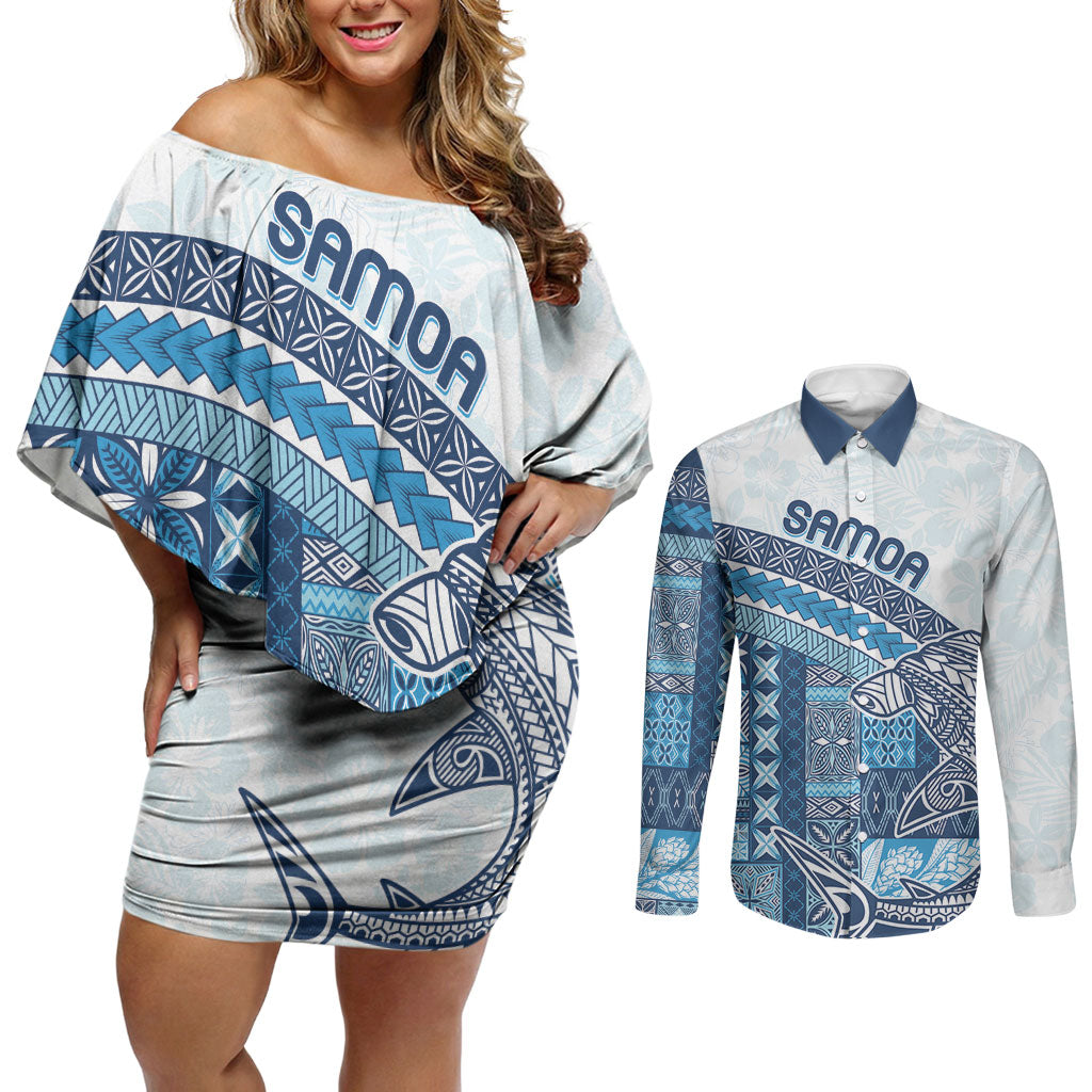 Samoa Mamanu Siapo Royal Blue Couples Matching Off Shoulder Short Dress and Long Sleeve Button Shirt Tatau Malie LT7 Royal Blue - Polynesian Pride
