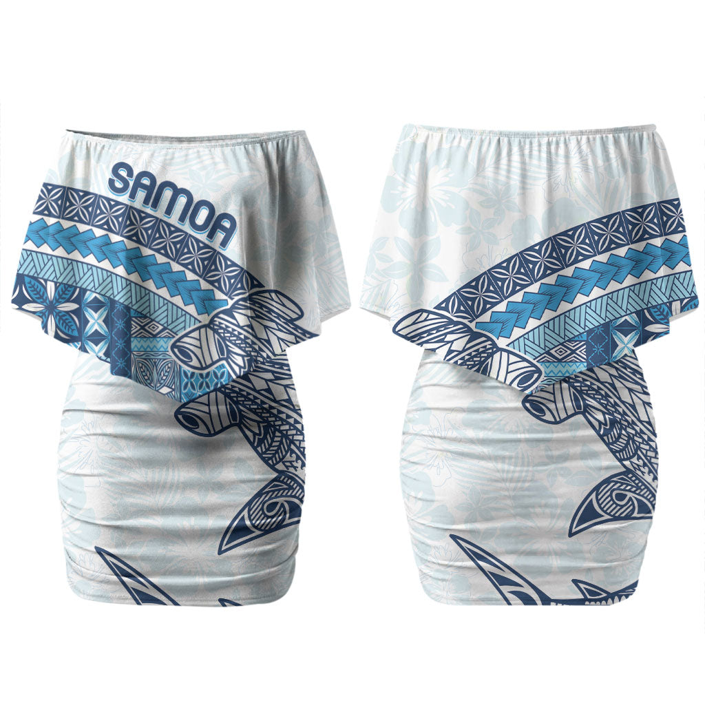 Samoa Mamanu Siapo Royal Blue Couples Matching Off Shoulder Short Dress and Long Sleeve Button Shirt Tatau Malie LT7 - Polynesian Pride