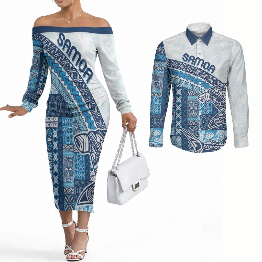Samoa Mamanu Siapo Royal Blue Couples Matching Off The Shoulder Long Sleeve Dress and Long Sleeve Button Shirt Tatau Malie LT7 Royal Blue - Polynesian Pride