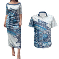 Samoa Mamanu Siapo Royal Blue Couples Matching Puletasi and Hawaiian Shirt Tatau Malie LT7 Royal Blue - Polynesian Pride