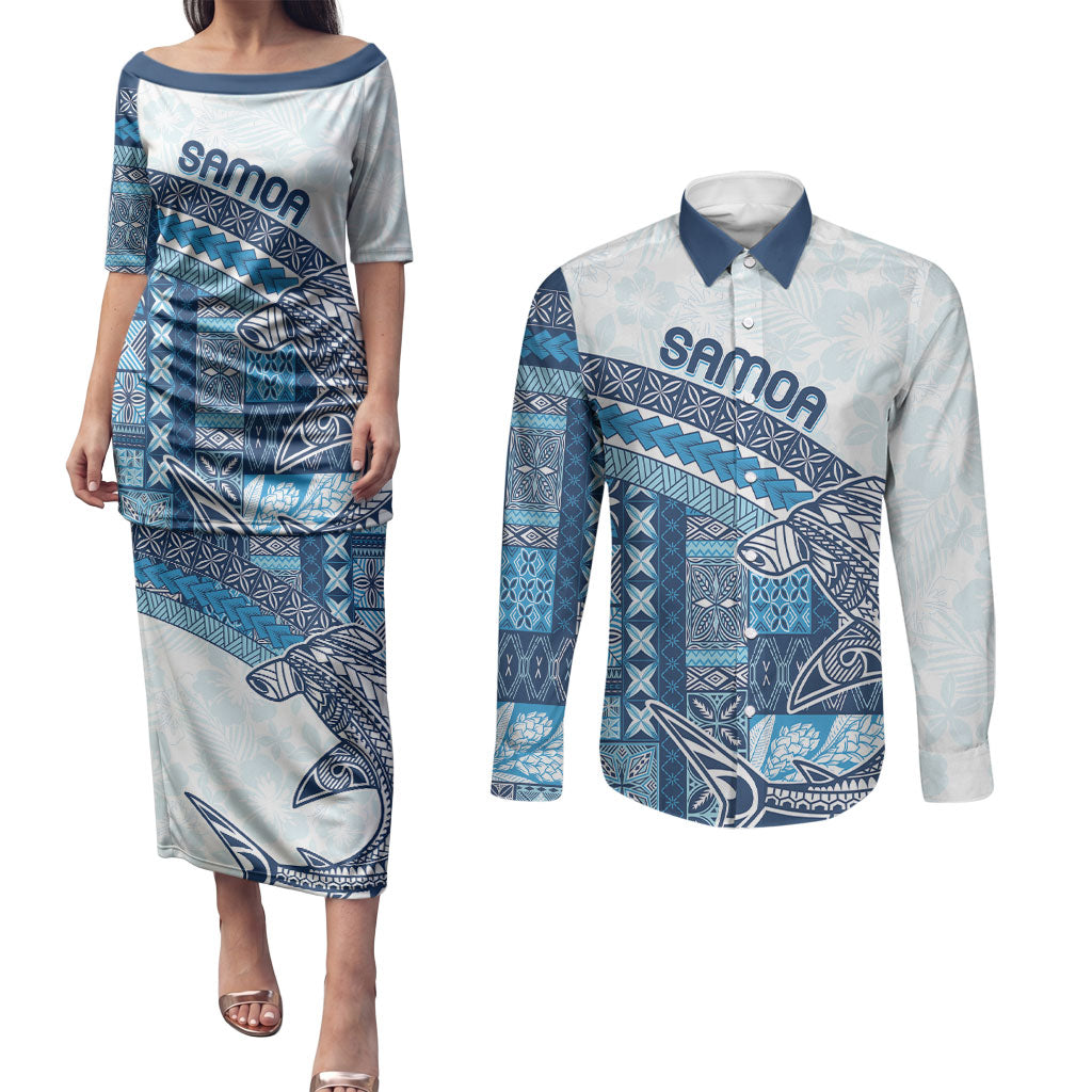 Samoa Mamanu Siapo Royal Blue Couples Matching Puletasi and Long Sleeve Button Shirt Tatau Malie LT7 Royal Blue - Polynesian Pride