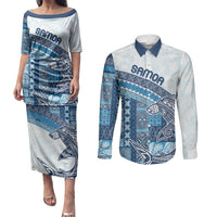 Samoa Mamanu Siapo Royal Blue Couples Matching Puletasi and Long Sleeve Button Shirt Tatau Malie LT7 Royal Blue - Polynesian Pride