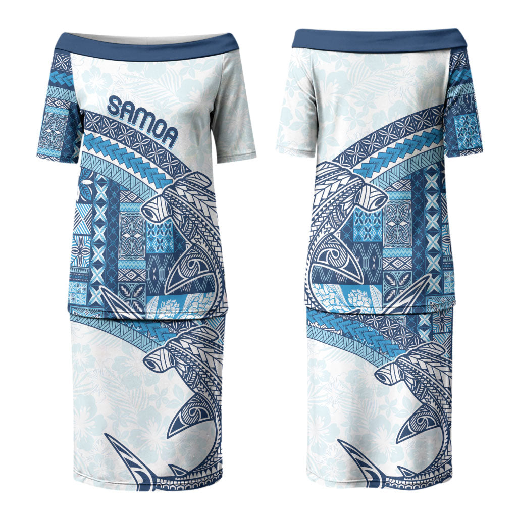 Samoa Mamanu Siapo Royal Blue Couples Matching Puletasi and Long Sleeve Button Shirt Tatau Malie LT7 - Polynesian Pride