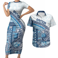 Samoa Mamanu Siapo Royal Blue Couples Matching Short Sleeve Bodycon Dress and Hawaiian Shirt Tatau Malie LT7 Royal Blue - Polynesian Pride